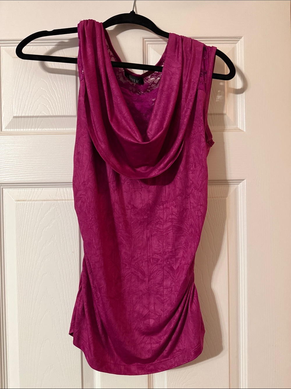 NWOT A Byer Magenta Purple Cowl Neck Lace Trim Sleeveless Top / Ruched Tank Med